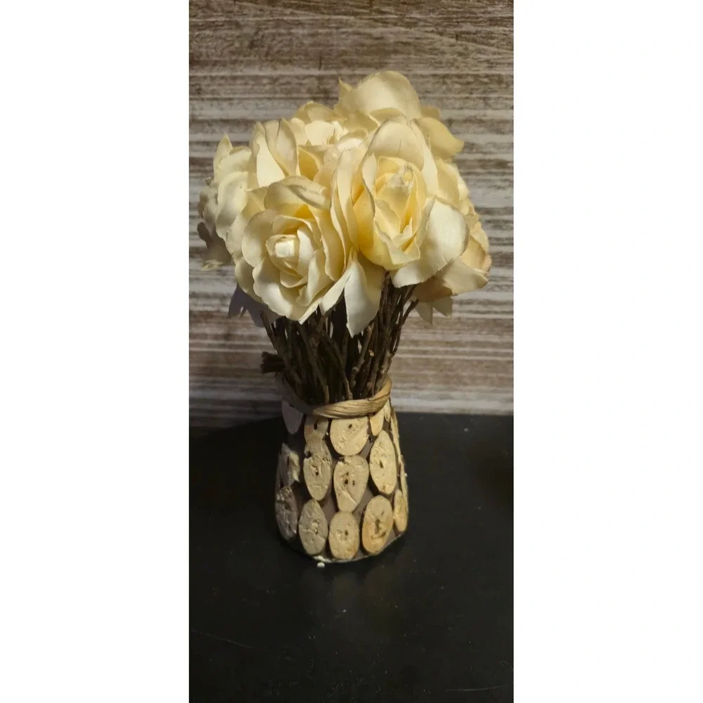 Cream Faux Rose Floral Arrangement in Rustic Wood Slice Base Farmhouse Decor
